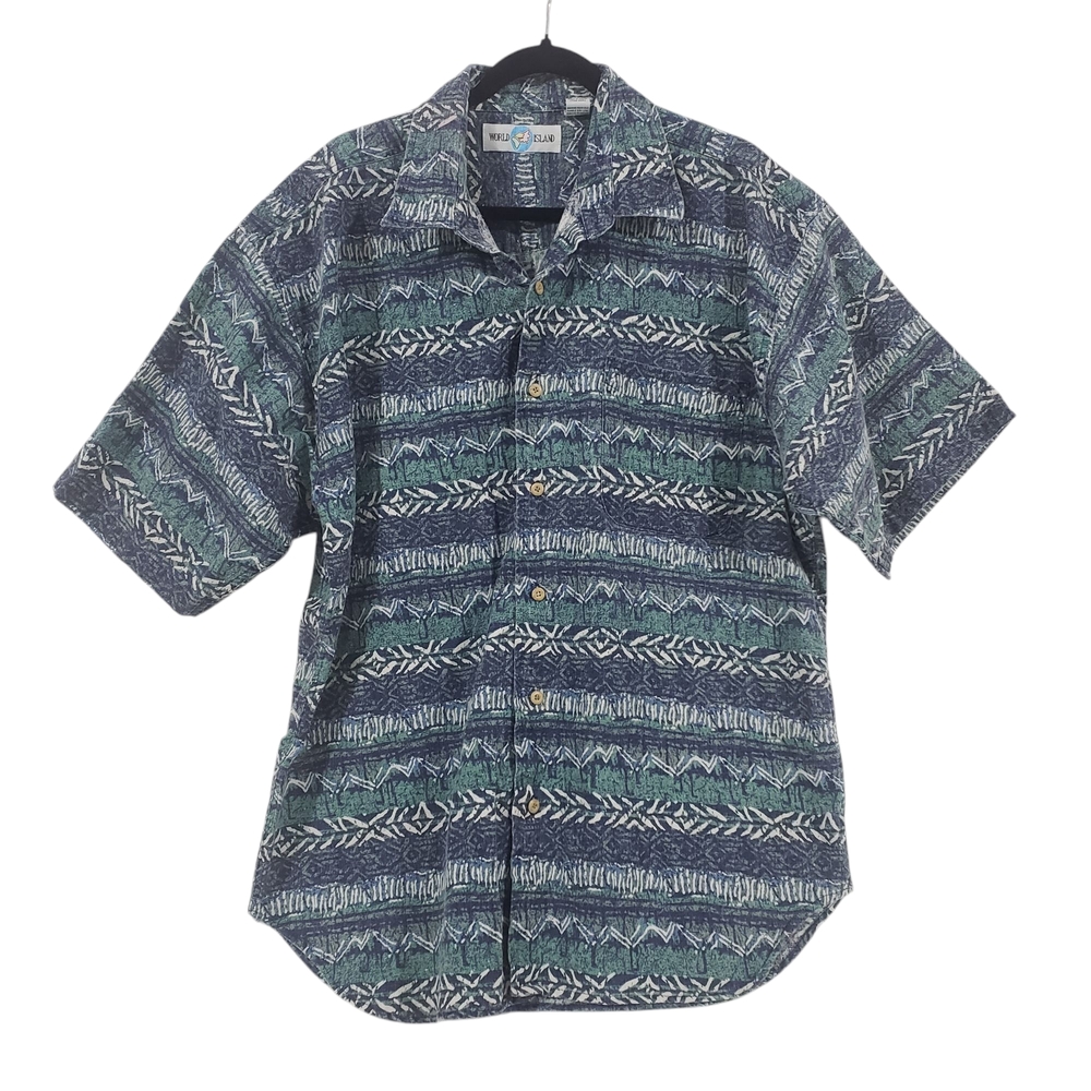 WORLD ISLAND Mens Blue Short Sleeve Hawaian Tropical Shirt Size XL Cotton Linen